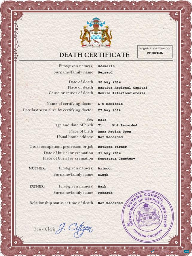 Download Guyana vital record death certificate PSD template Photoshop template